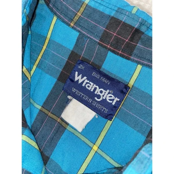 Wrangler Western Shirt Mens 2XL Big Man Blue Pearl Snap Plaid Button Down VTG - Picture 6 of 9